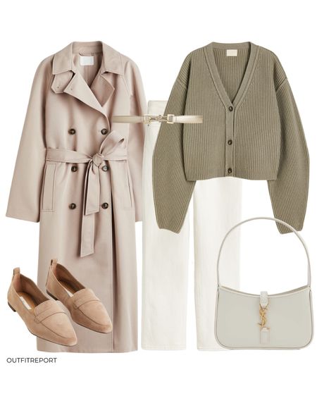 Winter to spring transition outfit style ootd in green khaki cardigan jumper knit white jeans YSL handbag beige loafers shoes trench coat and white belt 

#LTKunder100 #LTKeurope #LTKshoecrush