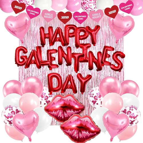 DMIGHT 51 Pcs Happy Galentines Day Decorations Set, 18pcs Red Letter Balloons, Pink Heart and Lips Foil Balloons, Pink Backdrop & Banner Cute Galentines Day Decorations for Girls Party | Amazon (US)