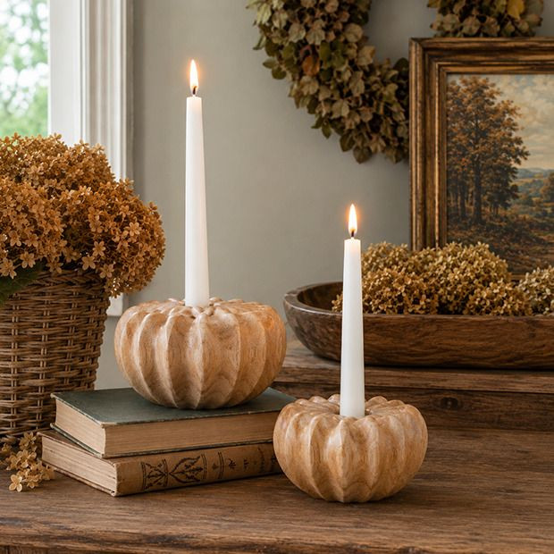 Harvest Hearth Pumpkin Taper Holders Set of 2 | Antique Farm House
