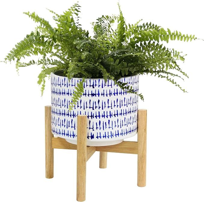 LA JOLIE MUSE Blue Planter with Stand - 7.3 Inch Retro Round Decorative Flower Pot Indoor with Wo... | Amazon (US)