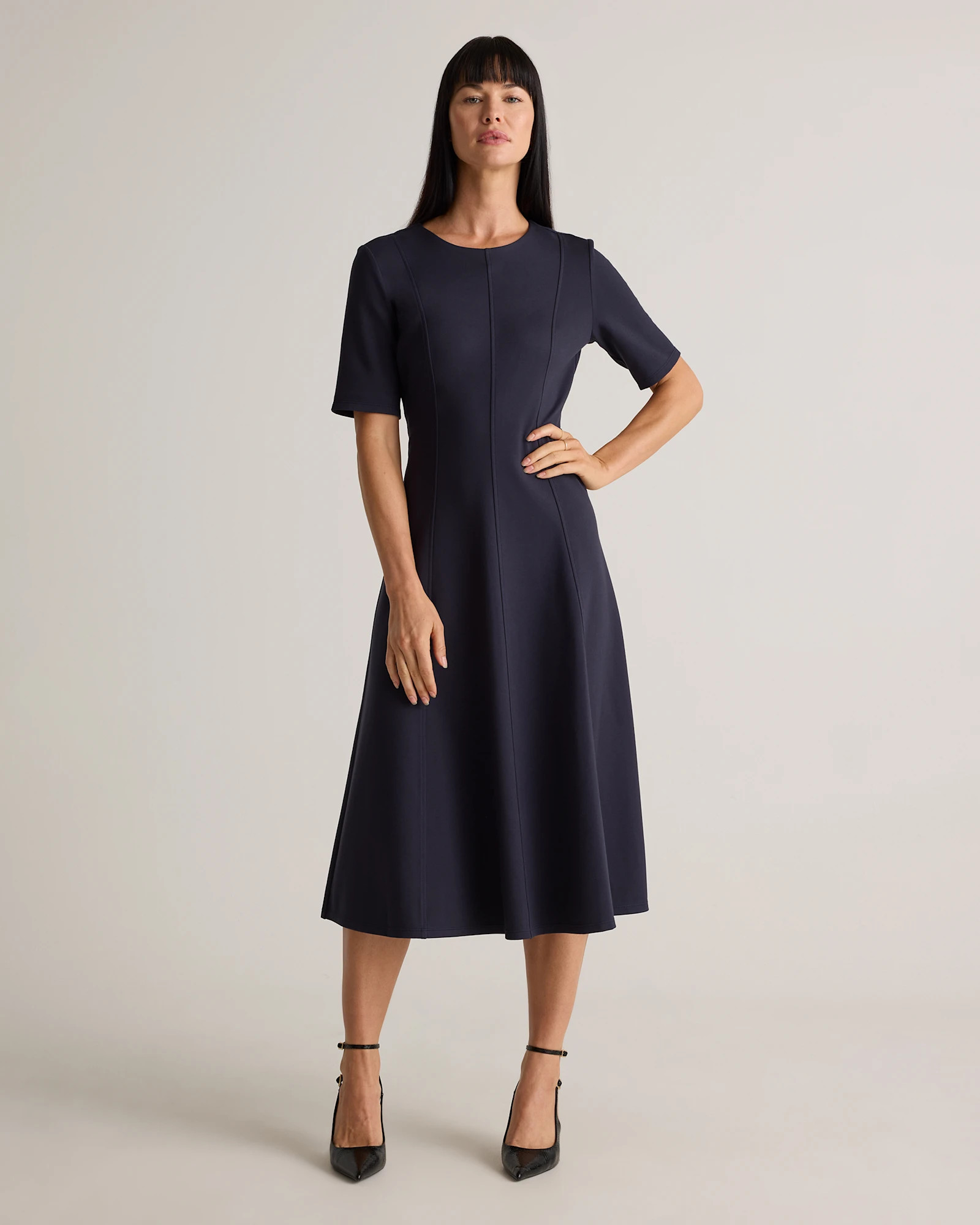 Quince | Women's Ultra-Stretch Ponte Short Sleeve Midi Dress in Black, Size XS, Rayon | Quince
