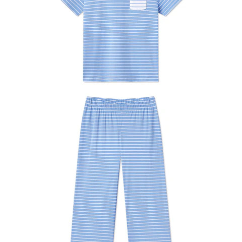 Pima Crew Wide Leg Pajama Set in Mixed Baltic Blue Stripe | Lake Pajamas
