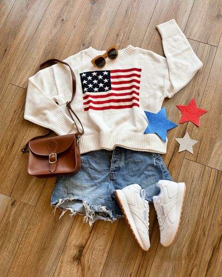 Memorial day outfit. Memorial day sale. America flag sweater. Fourth of July outfit. Fourth of July outfits. Denim shorts. 

#LTKSaleAlert #LTKGiftGuide #LTKSeasonal