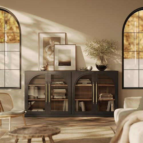 BELLEZE 65" Arched Sideboard with Glass Door, Accent Buffet Cabinet with Storage and Adjustable Shelves, Classic Modern Large Console Table for Dining Room Living Room Entryway (Ebony) | Amazon (US)
