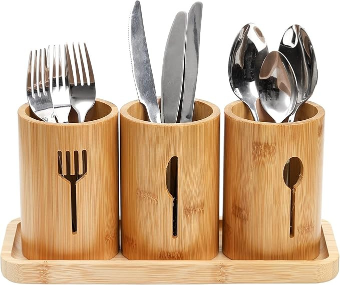 Lyellfe Silverware Holder, Bamboo Utensil Organizer with Tray, Kitchen Cutlery Flatware Holder Or... | Amazon (US)