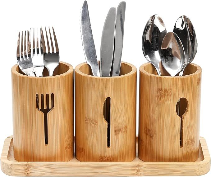 Lyellfe Silverware Holder, Bamboo Utensil Organizer with Tray, Rustic Farmhouse Kitchen Cutlery F... | Amazon (US)