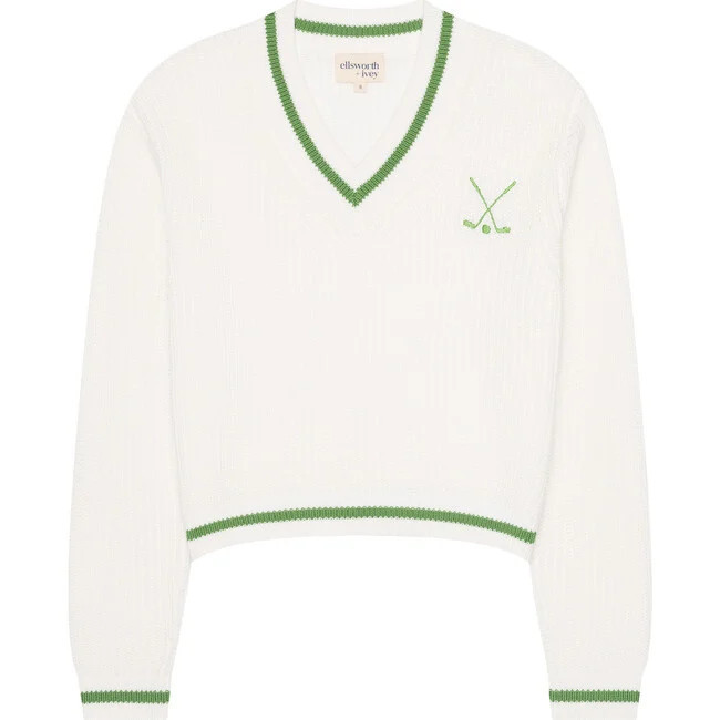 Ellsworth + Ivey | Women's Golf Club Varsity V-Neck Tennis Sweater, Ivory & Green (White, Size Large) | Maisonette | Maisonette