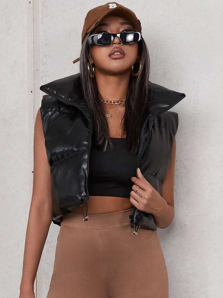 SHEIN Coolane Drawstring Hem Zipper PU Leather Vest Puffer Coat | SHEIN