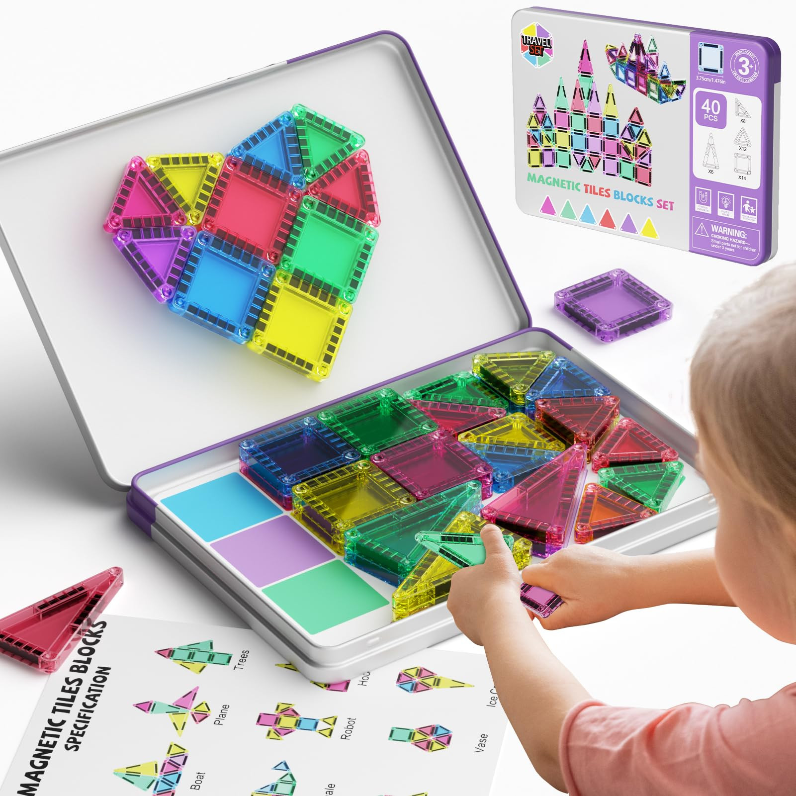Magnetic Tiles for kids ages 4-8, 40 Pieces Mini Magnetic Building Blocks,Magnet Tiles Travel Con... | Amazon (US)
