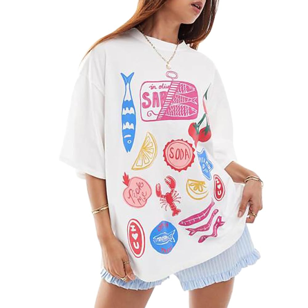 Women Y2k Oversized Summer Tops Cute Fruit Loose Fit Vintage T Shirts Crew Neck Aesthetic Graphic... | Amazon (US)