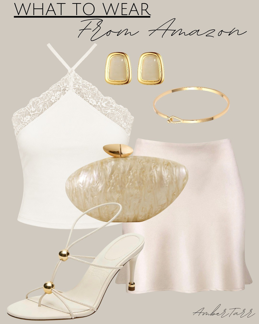 This white lace halter top paired with a cream satin mini skirt, a cream pearl clutch, cream strappy heeled sandals with gold ball detail, gold rectangular stud earrings, and a delicate gold bangle bracelet is such a romantic and elegant outfit that feels effortlessly put together. Perfect for a date night or special occasion where you want to look absolutely stunning.

