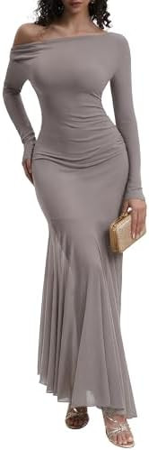 Mesh Long Sleeve Off Shoulder Bodycon Maxi Dress for Women Modal Elegant Cocktail Party Outfits D... | Amazon (US)