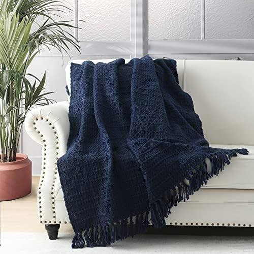 BOURINA Navy Throw Blanket 50 x90 Inches Throw Textured Solid Soft Sofa Throw Bed Runner Couch Co... | Amazon (US)