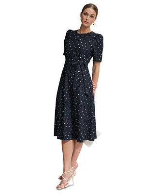 DKNY Women's Polka-Dot Puff-Sleeve Midi Dress - Macy's | Macy's
