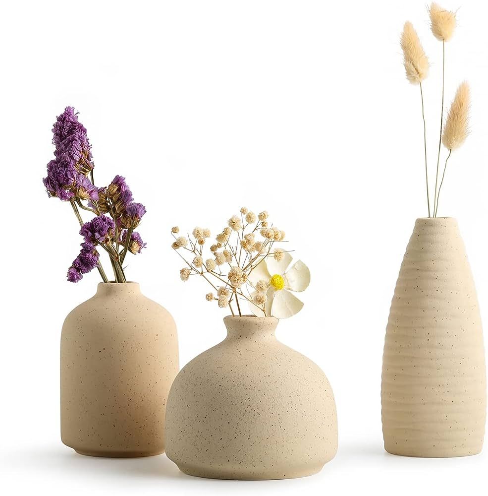 Linmaya Ceramic Vases Set, Small Ceramic Vases for Décor Set of 3, Beige Ceramic Vases for Flowe... | Amazon (US)