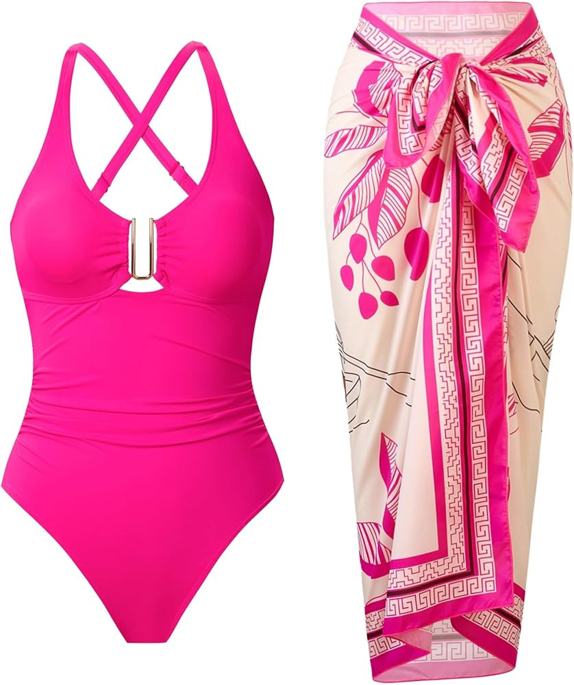 One Piece Swimsuit Women with Cover Up Set Retro Bathing Suit for Women Tummy Control Beach Wrap ... | Amazon (US)