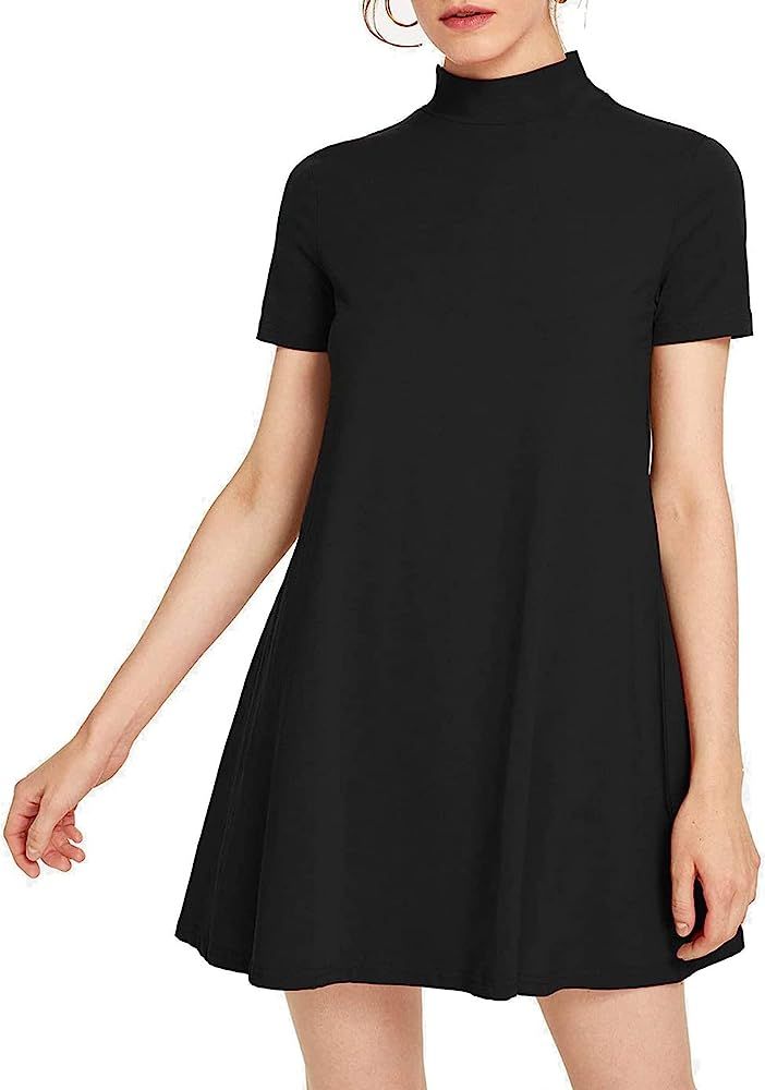 Milumia Women's Elegant Plain Short Sleeve Mock Neck Loose T Shirt Dress Swing Dress | Amazon (US)