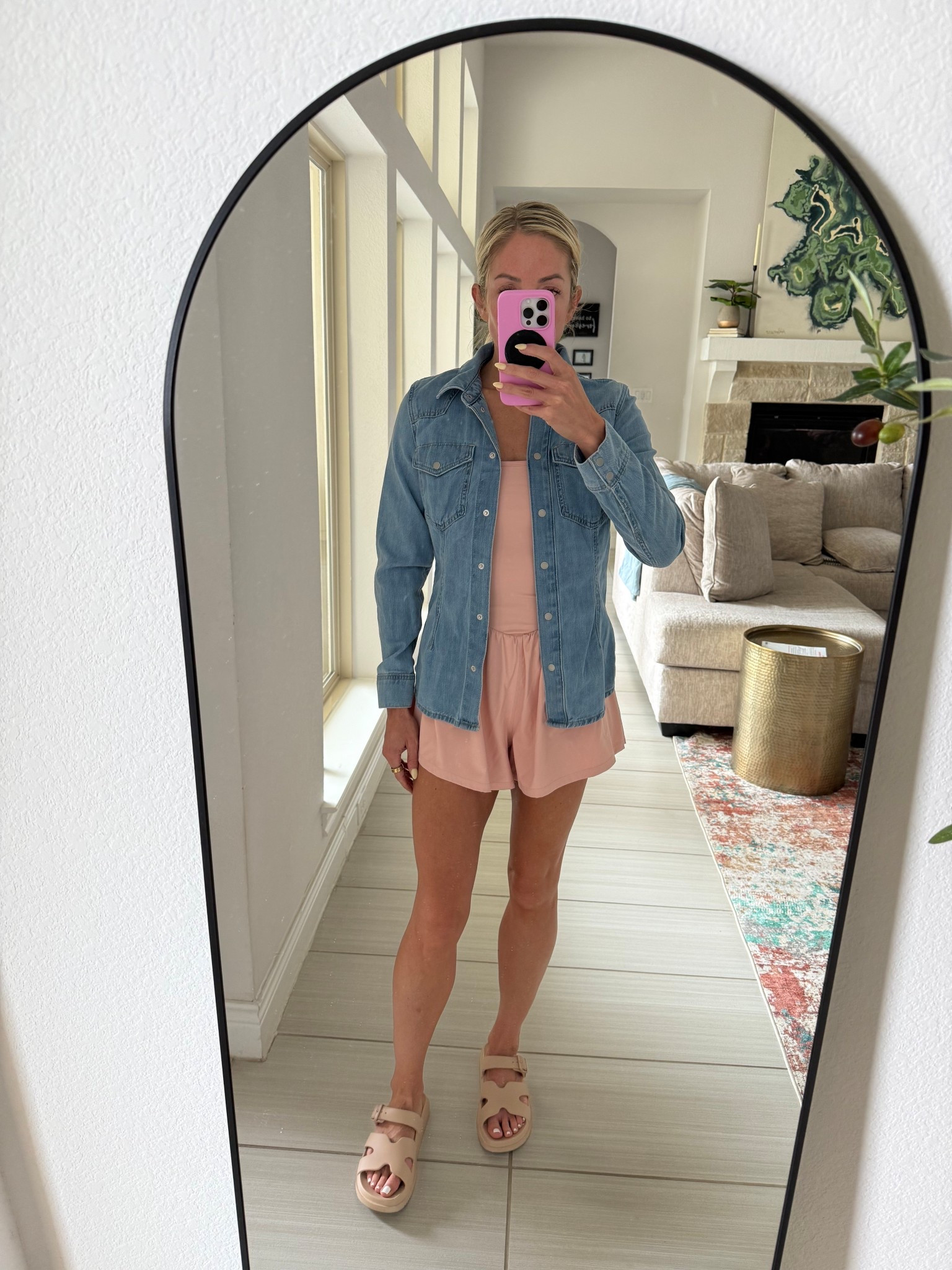 Running errands errands 

Denim long sleeve runs small, size up 2 sizes if you want it to be more oversized / it’s definitely more slim fit. Wearing a 2 and a small in romper 