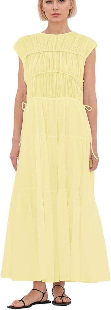 calbatic Women Pleated Ruched Tiered Maxi Dress Sleeveless Patchwork Ruffle Hem A Line Flowy Summ... | Amazon (US)