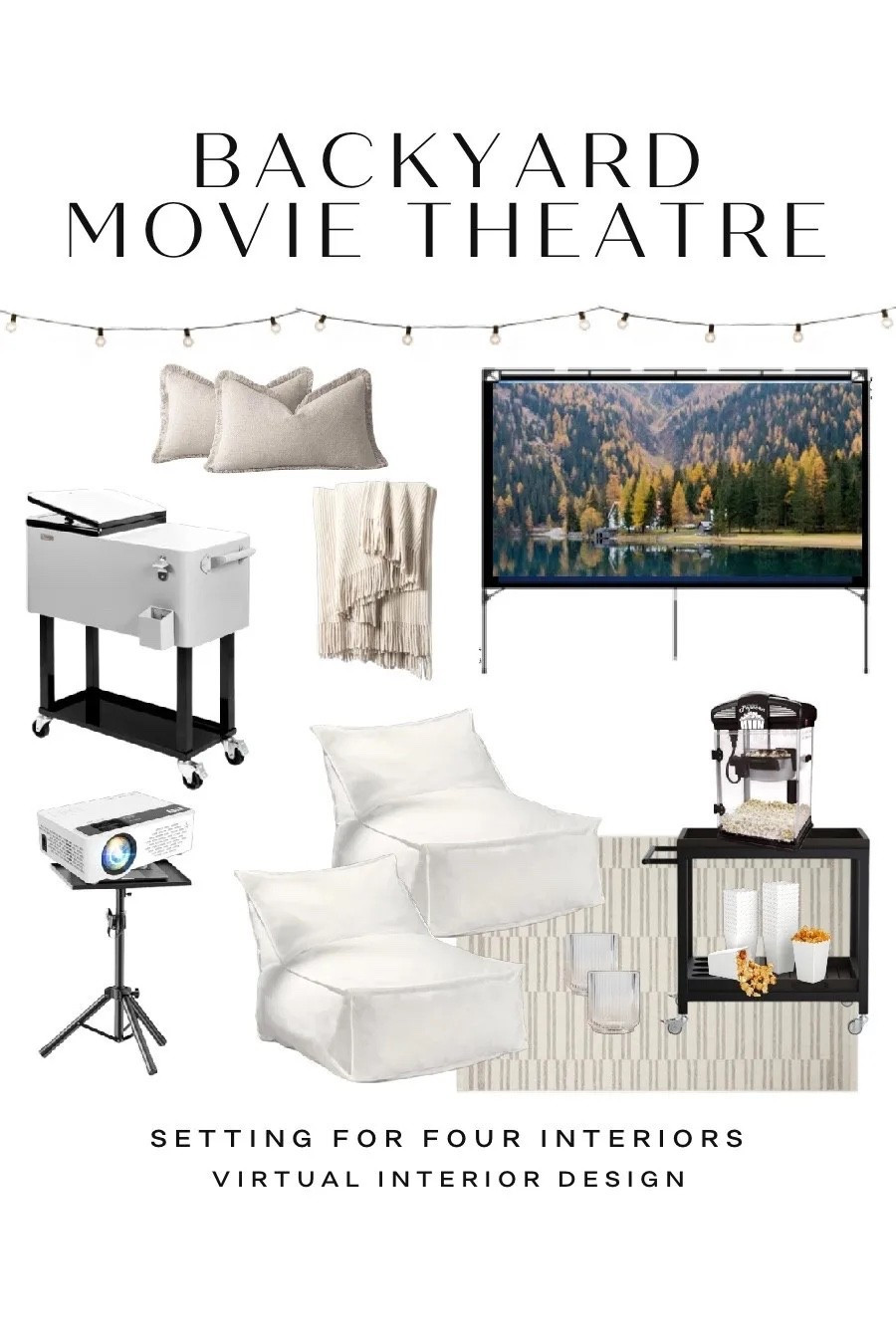 Backyard outdoor movie theater set up- family entertainment and fun activity for the kids! movie screen,  projector and stylish bean bag chairs for the family!
Outdoor, kids, family, fun, summer, movie screen, bean bag chairs, bar cart, popcorn maker, outdoor movie screen, string lights, outdoor string light poles, cooler, movie projector, white, black, beige, throw blanket, pillows, organic modern, transitional, farmhouse, Amazon home, Amazon finds, founditonamazon, budget, affordable, party, entertaining

#LTKhome #LTKsale #LTKfamily