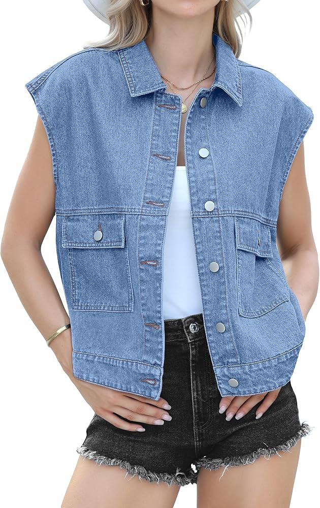 luvamia Denim for Women Oversized Button Down Sleeveless Jean Jacket Fashion Casual Western Outer... | Amazon (US)