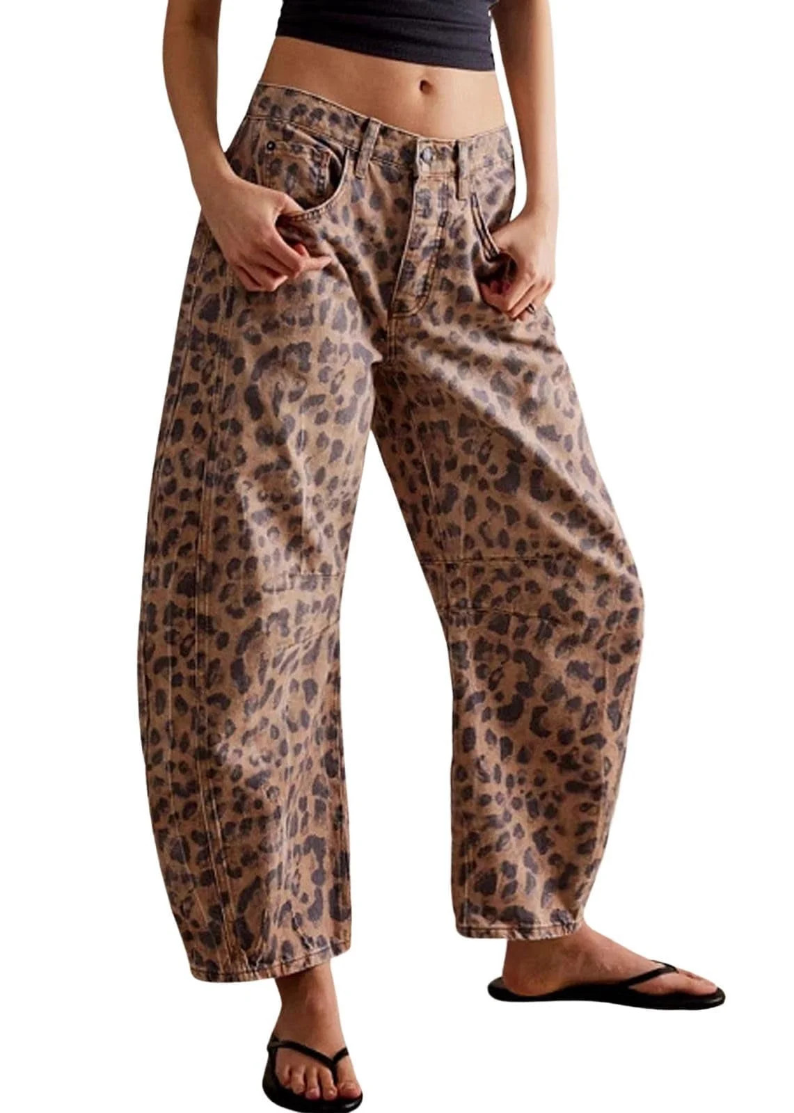 sicmoss Women's Leopard Y2K Vintage Mid Rise Stretchy Barrel Jeans Loose Wide Leg Cropped with Pockets | Walmart (US)