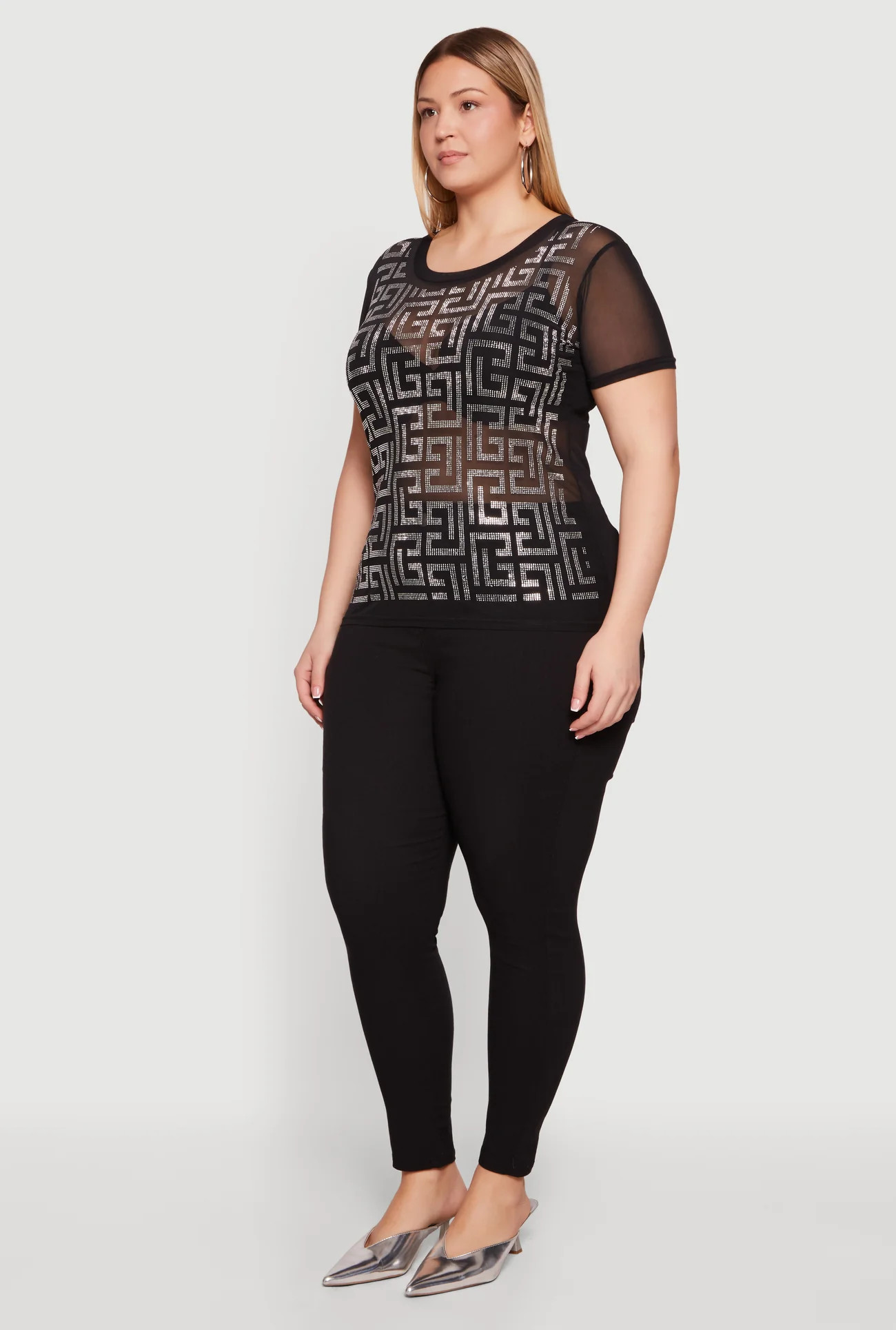 Plus Size Mesh Greek Key Rhinestone Top | Rainbow Shops