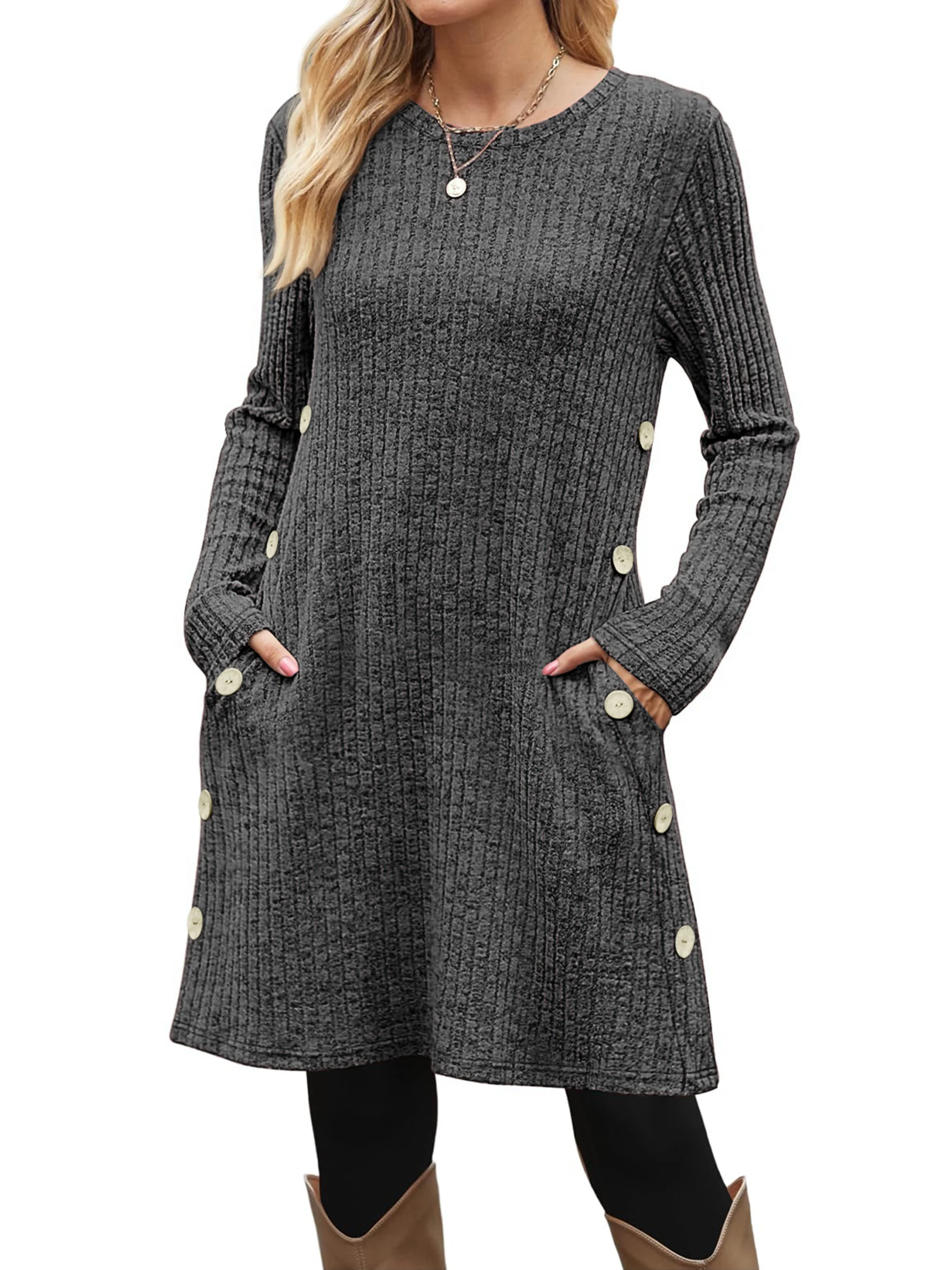 Fantaslook Long Sleeve Womens Dresses Crew Neck Buttons Tunic Sweater Dress with Pockets | Walmart (US)