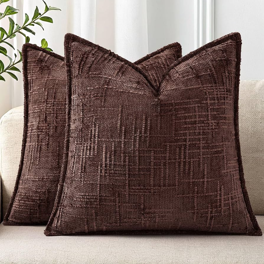 decorUhome Chenille Decorative Throw Pillow Covers 18x18 Set of 2, Brown | Amazon (US)