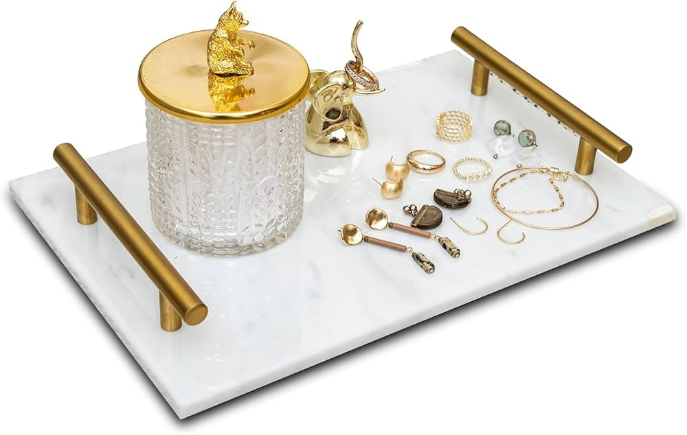 Star Dust x White Mist Natural Marble Vanity Tray with Gold Handles/Accents, Decorative Tray for ... | Amazon (US)