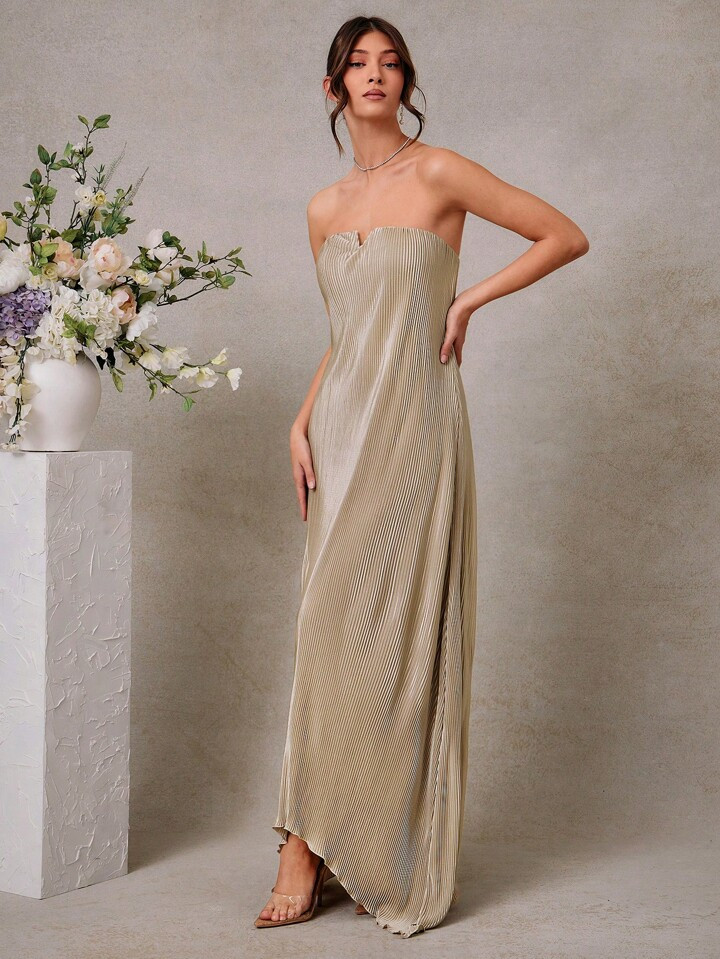 L'Amorae Elegant Satin Pleated Champagne Gold Strapless Flowy Formal Maxi Dress, Wedding Guest Dr... | SHEIN
