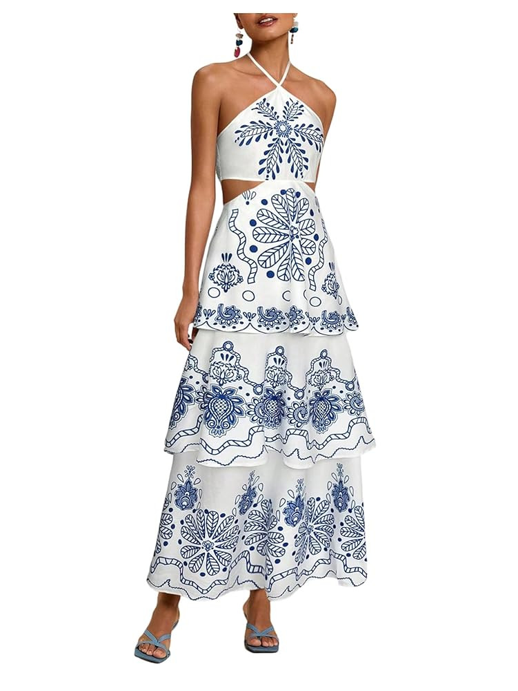 SHENHE Women's Summer Floral Tiered Maxi Dress Tie Halter Backless Flowy Boho Sundress | Amazon (US)