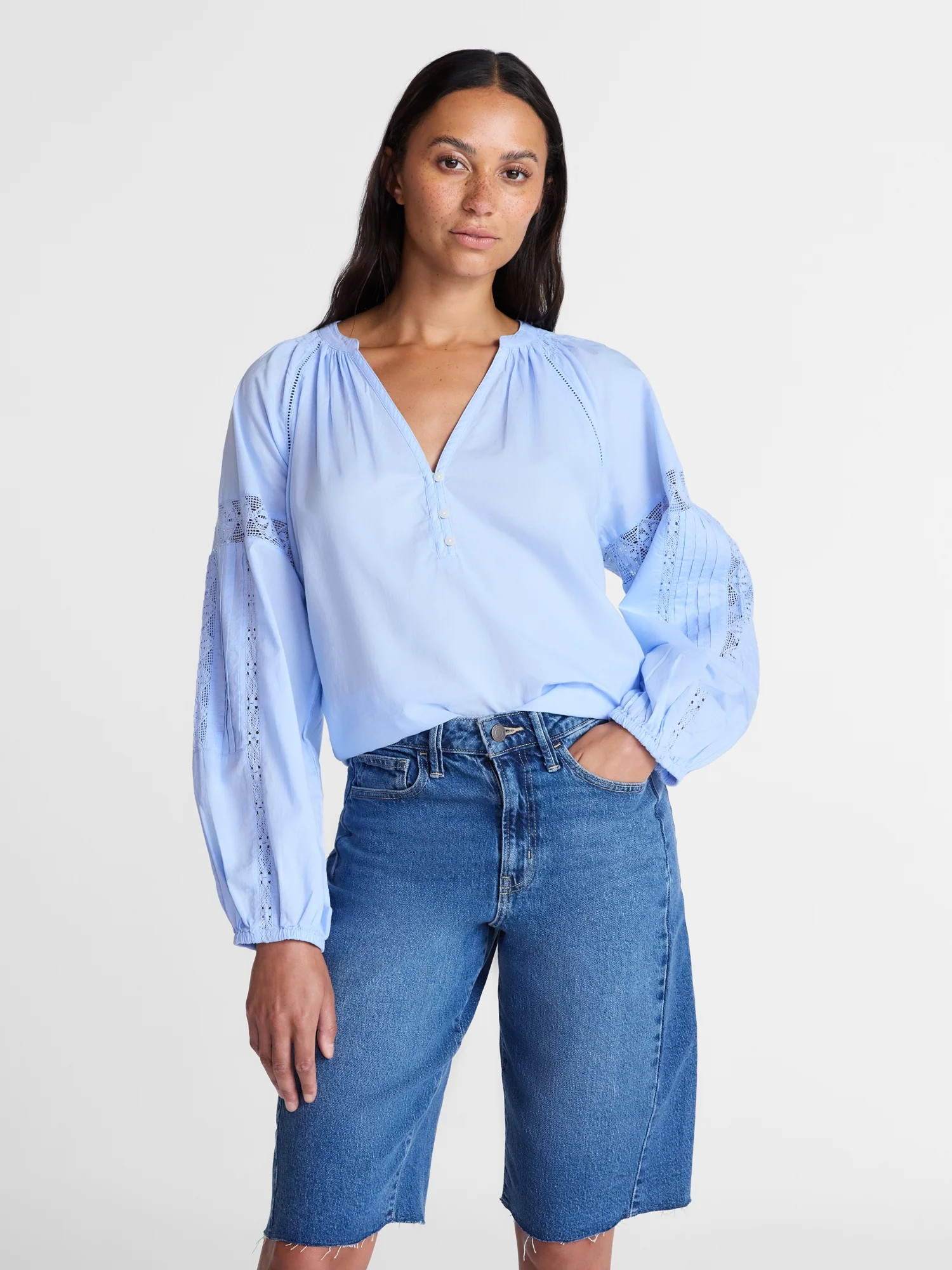 Time and Tru Women's Lace Insert Popover Full Sleeve Top, Sizes XS - XXXL - Walmart.com | Walmart (US)