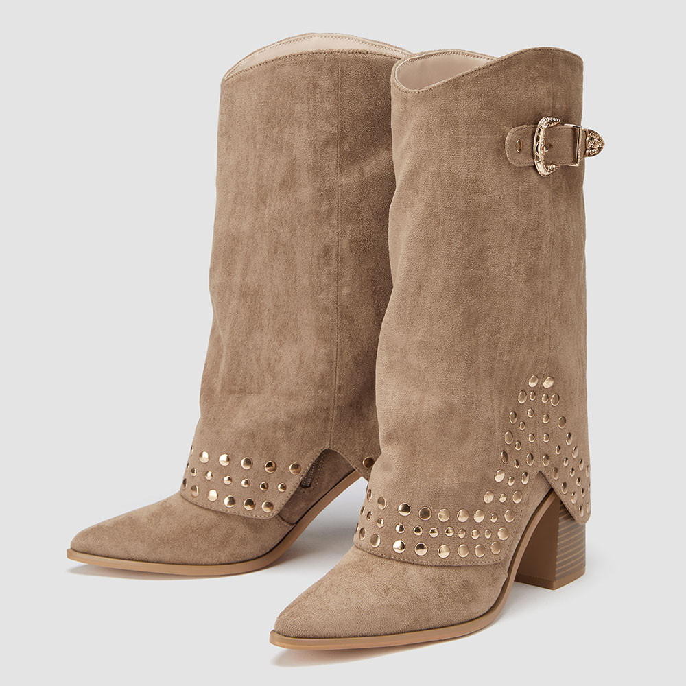 Khaki Vegan Suede Stacked Heel Buckle Studded Fold Over Mid Calf Boots | FSJshoes.com