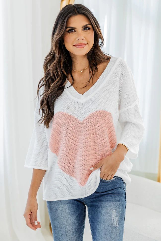 Whatever It Is Ivory And Pink Heart Sweater | Pink Lily