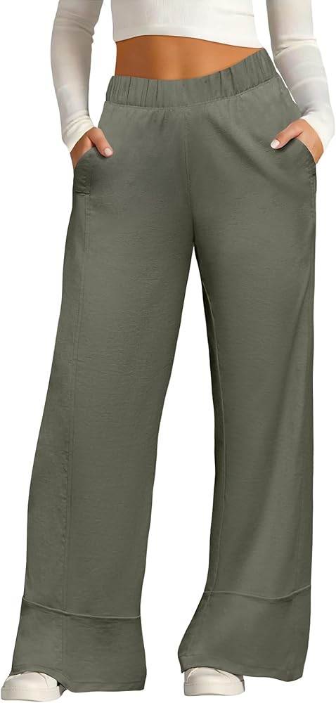 DLOODA Women's Wide Leg Linen Pants High Waisted Cotton Beach Palazzo Pants with Pockets | Amazon (US)