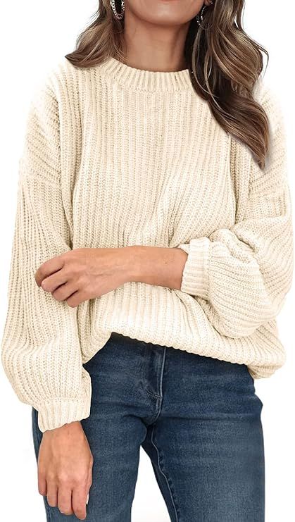 PRETTYGARDEN Women's Crew Neck Loose Drop Shoulder Lantern Sleeve Casual Solid Color Knit Pullove... | Amazon (US)
