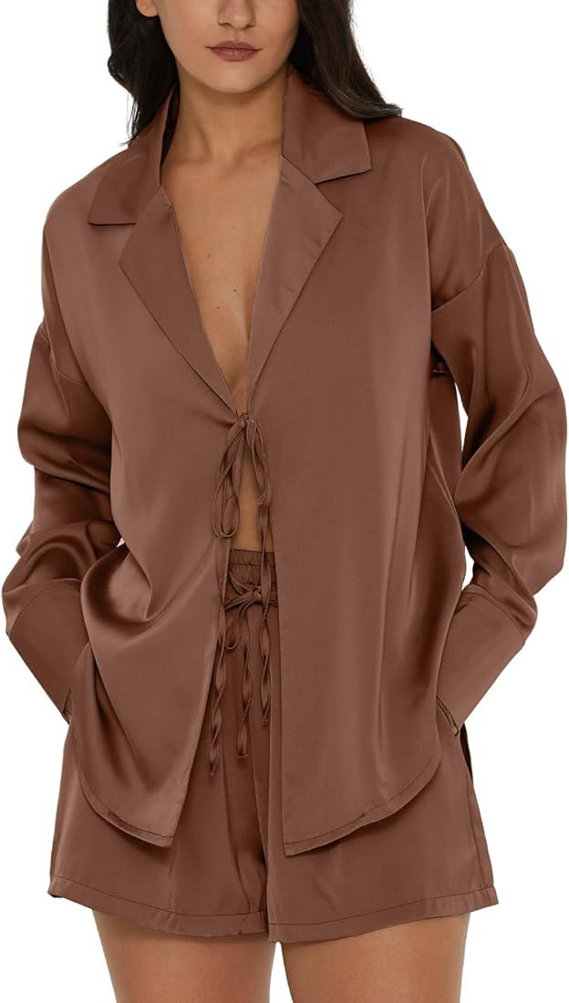DEEP SELF Women's Silk Pajama Sets Tie Front Long Sleeve Shirts and Shorts Satin Pj Set Soft Two ... | Amazon (US)