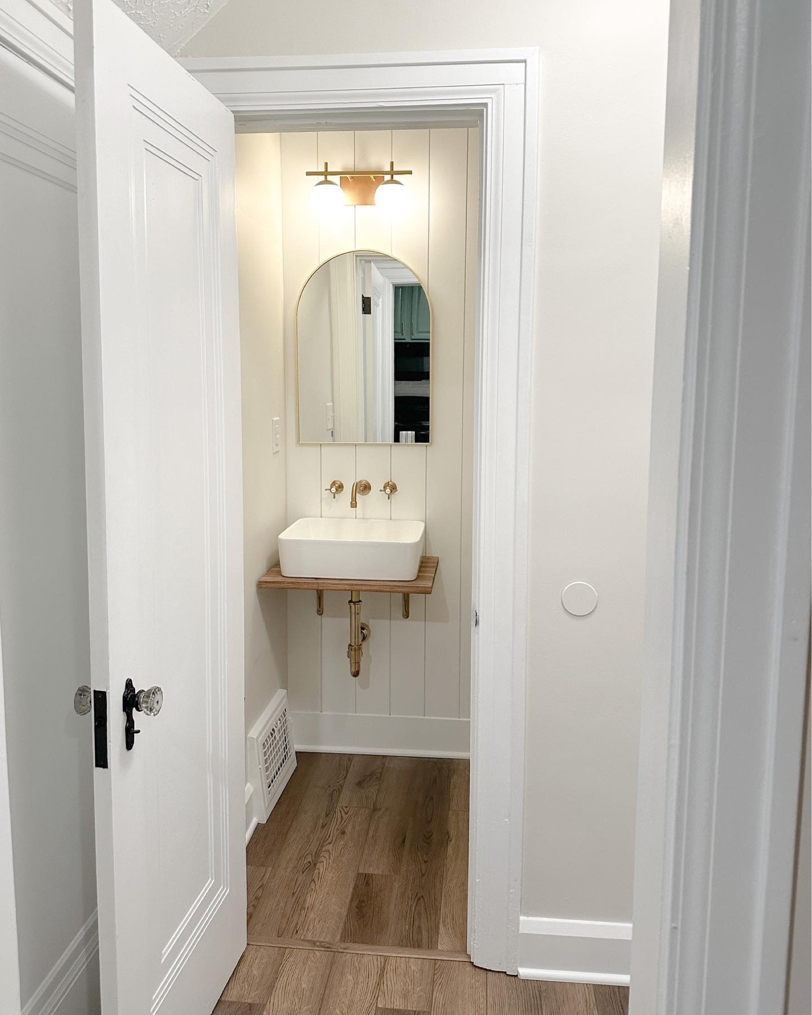 Bathroom remodel // floating sink // vintage faucet // renovation // accent wall

#LTKhome #LTKFind #LTKunder100