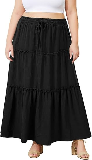 Moon Wood Women's Plus Size Maxi Skirt High Waisted Pleated A Line Flowy Tiered Long Skirts with ... | Amazon (US)