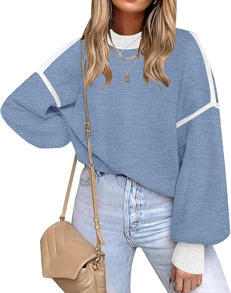 Fall Clothes for Women 2024 Trendy Fashion Oversized Sweaters Color Block Long Sleeve Knited Pull... | Amazon (US)