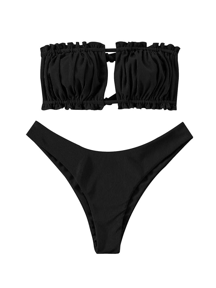 ZAFUL Women 2 Piece Strapless Bikini Swimsuits Ruffle Ribbed Self Tie Bandeau Bikini Set High Cut... | Amazon (US)