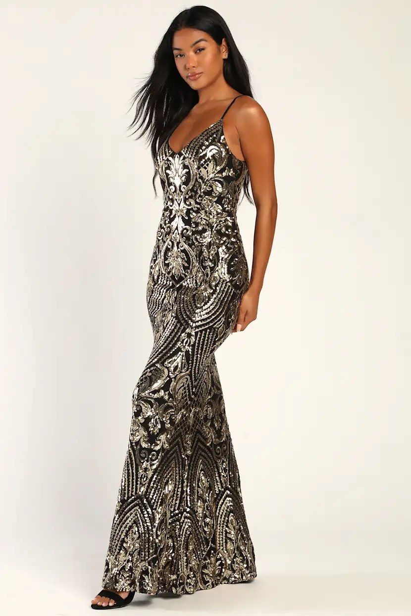 Truly Alluring Black and Gold Sequin Mermaid Maxi Dress | Lulus