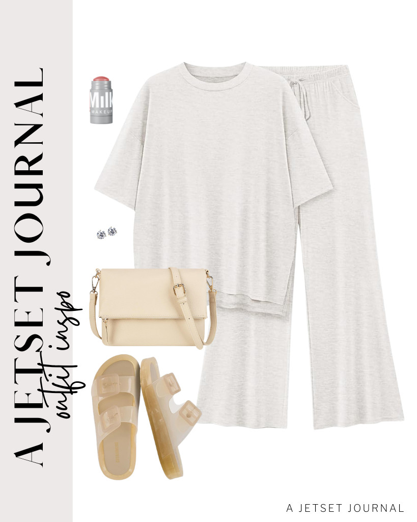 This gray-white oversized lounge set is our first outfit. This look works well with a pair of CUSHIONAIRE slides. Carry a Gladdon crossbody bag, and finish the look nicely with a Milk Makeup lip and cheek stick. 

#LTKSeasonal #LTKSaleAlert #LTKTravel
 

 