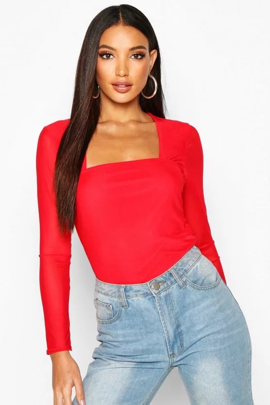 Mesh Square Neck Long Sleeve Top | Boohoo.com (US & CA)