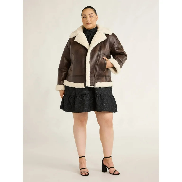Scoop Women's & Women's Plus Faux Leather Moto Jacket with Faux Fur Lining, Sizes XS-4X | Walmart (US)