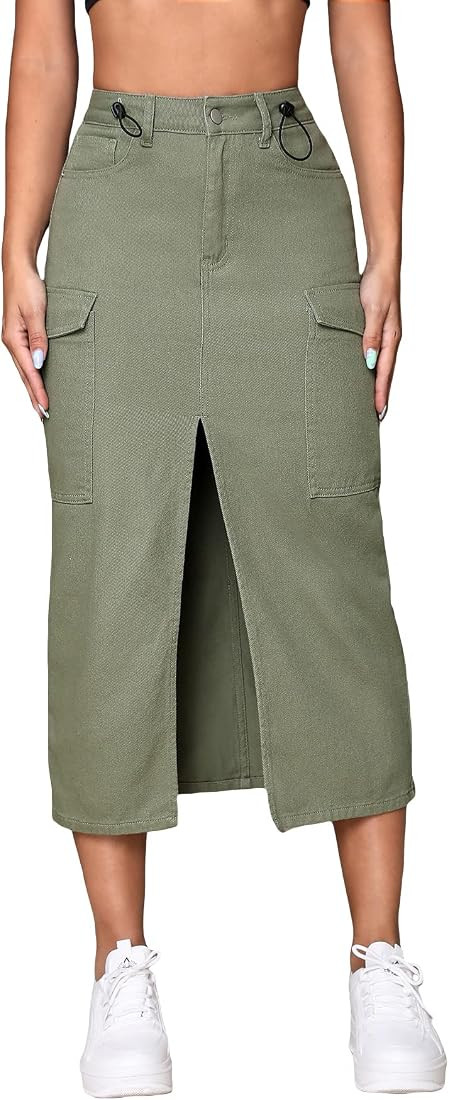 Verdusa Women's Casual Split Thigh High Waist Denim Long Cargo Skirt with Pocket | Amazon (US)