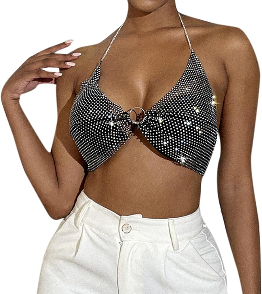 Women Shiny Rhinestones Backless Crop Tops Tank Top Sexy Halter See Through Camisole for Night Ou... | Amazon (US)