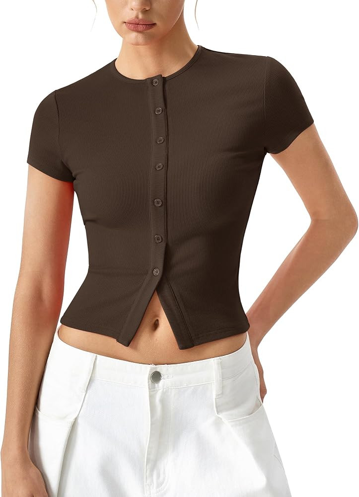 QINSEN Women's Crewneck Short Sleeve T Shirts Ribbed Button Going Out Trendy Tops | Amazon (US)