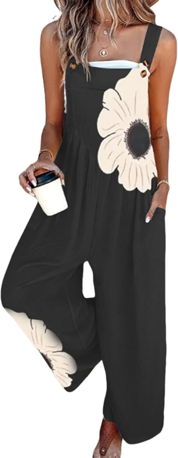 Women's Jumpsuits 2026 Summer Floral Overalls One Piece Outfits Sleeveless Wide Leg Pants Rompers... | Amazon (US)